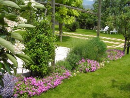 A well-maintained garden with various flowering plants and a stone pathway.