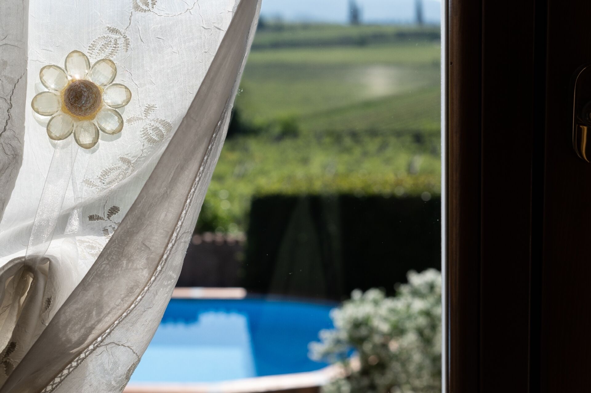 A view of a swimming pool with a green landscape and a white curtain with a flower design.