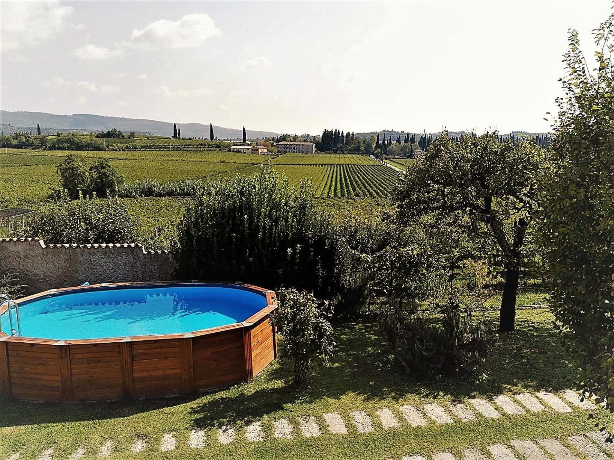 A swimming pool surrounded by a garden with a view of a vineyard and distant hills.
