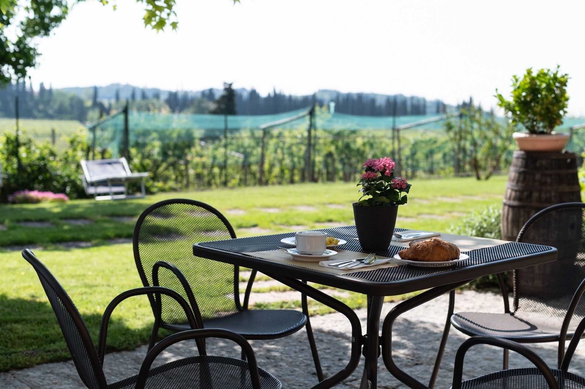 Una mesa al aire libre con sillas, una planta en maceta, un croissant y una taza de café.