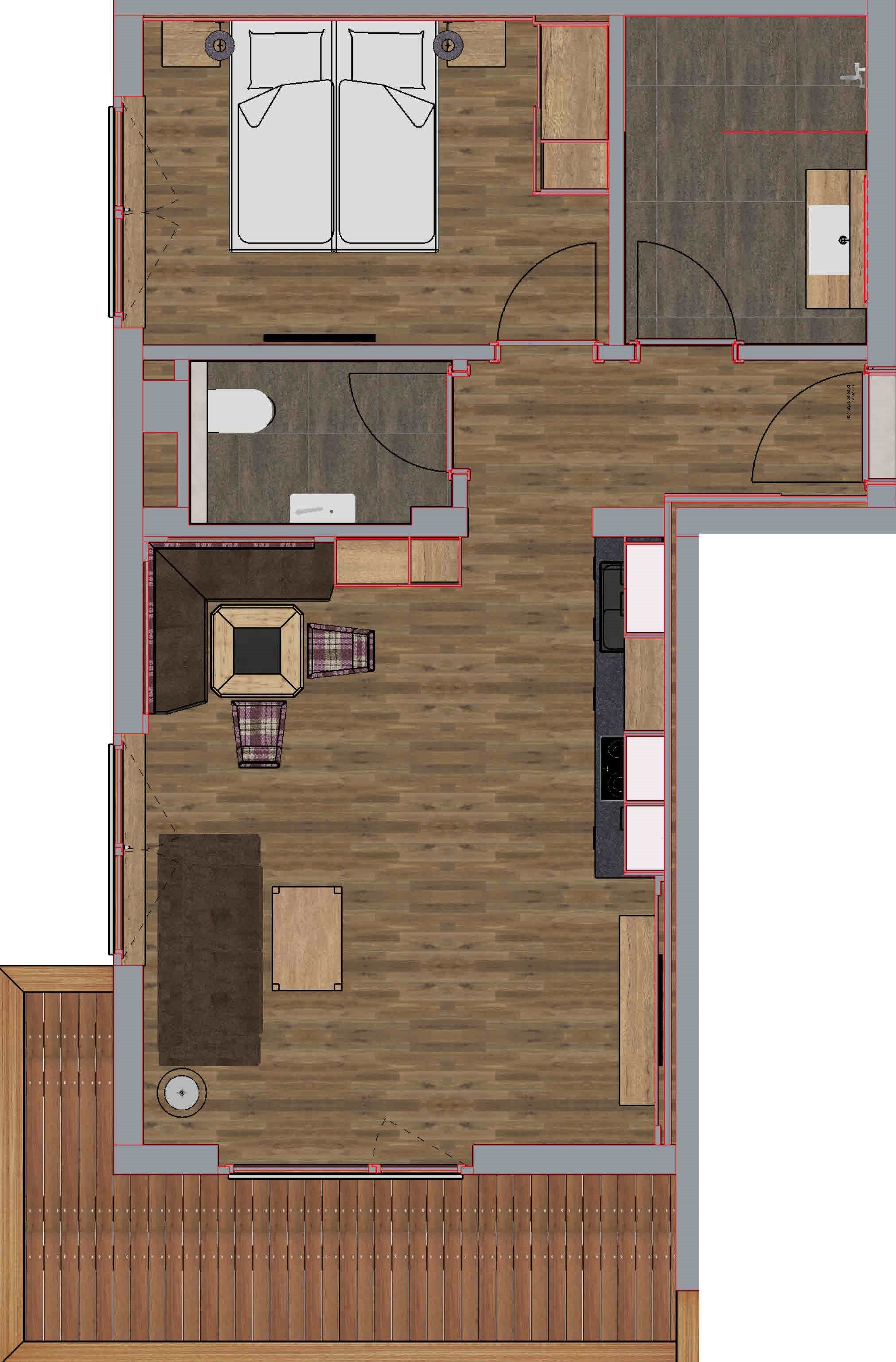A hotel room layout with a bed, a desk, a chair, a small table, and a bathroom.