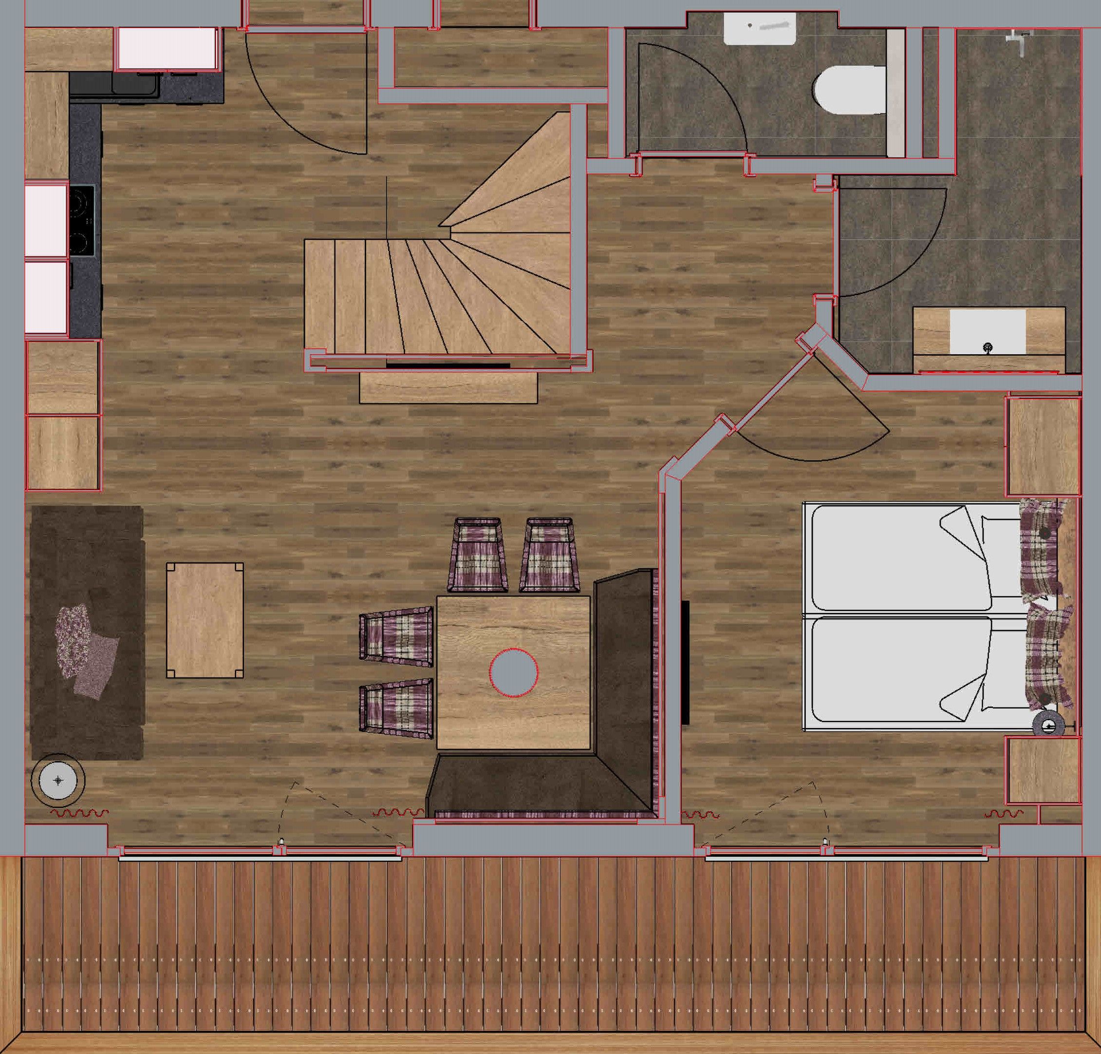 Un plan d’étage d’un hôtel comprenant une cuisine, un coin repas, deux chambres, une salle de bain et un petit espace extérieur aménagé pour s’asseoir.