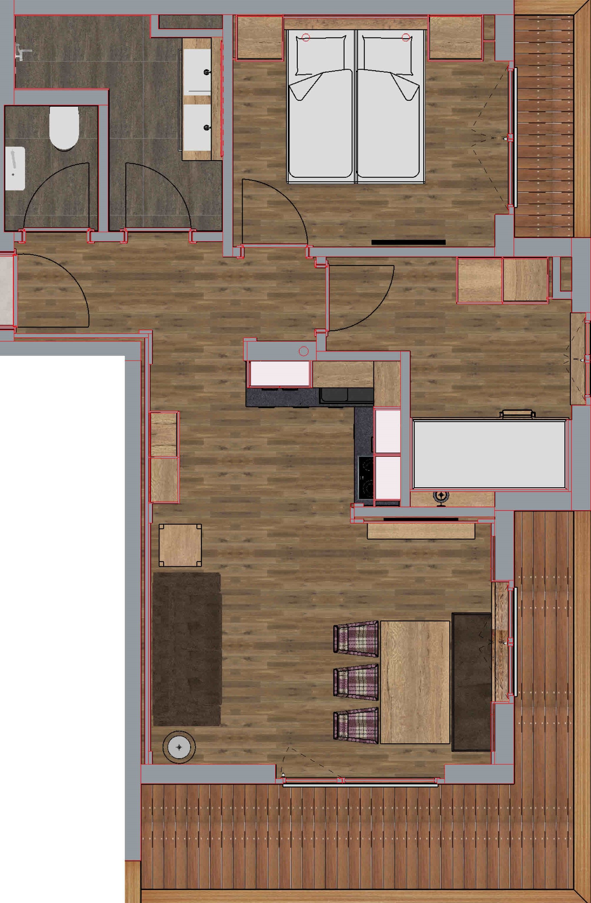 A hotel room layout with a bathroom, kitchenette, and seating area.