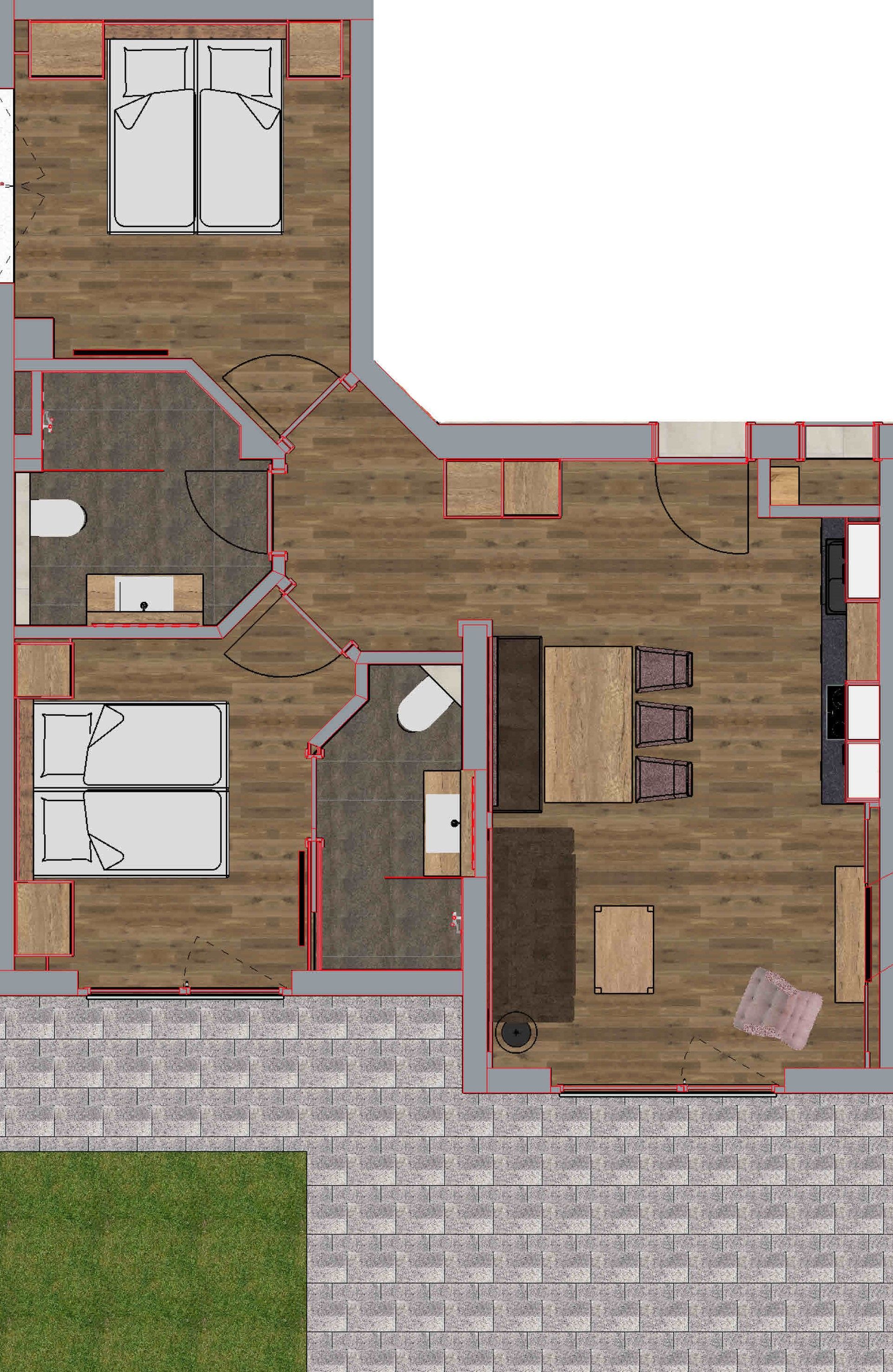 Distribución de un hotel que incluye varias habitaciones, una cocina, zona de comedor y un pequeño espacio al aire libre.