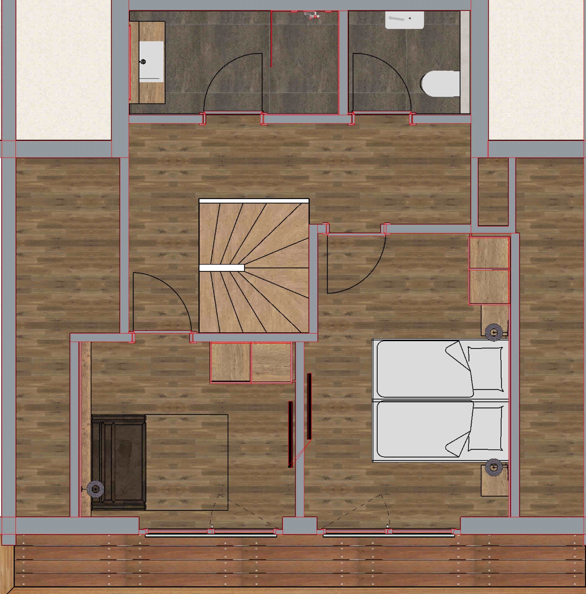 A floor plan of a hotel with a central open space, multiple bedrooms, a bathroom, and a kitchen area.