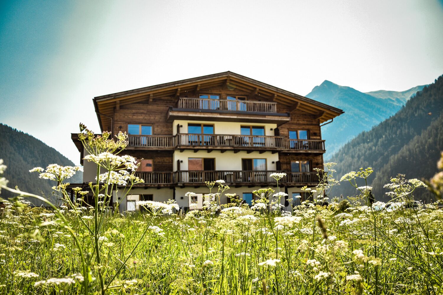 Een meerlaags houten chalet met balkons, gelegen in een bergachtig gebied met een bloemenveld op de voorgrond.