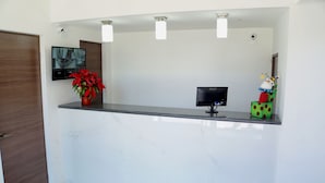 Un mostrador de recepción con un monitor de pantalla plana, una planta en maceta y una pila decorativa de cajas de colores.