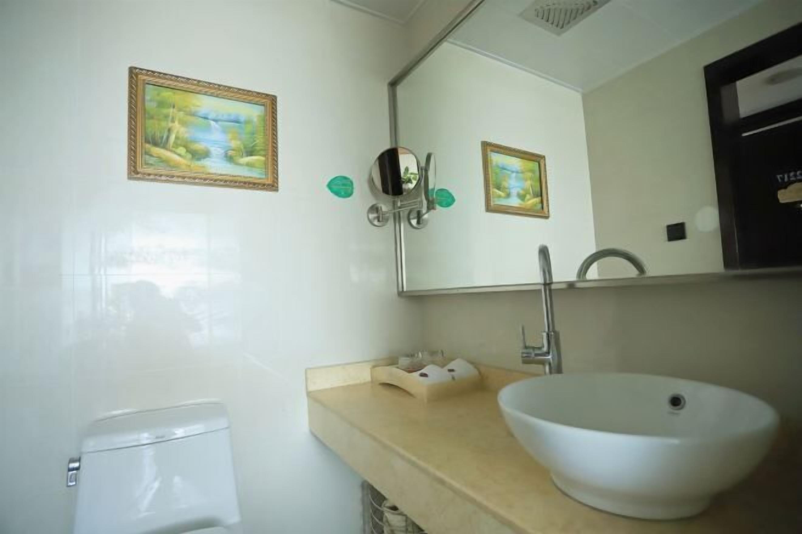 A bathroom with a toilet, a sink, a mirror, and two framed pictures on the wall.