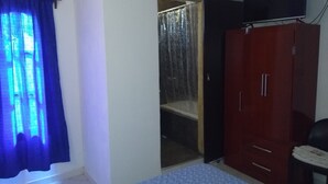 A bedroom with a bed, a wardrobe, a television, and a shower area.