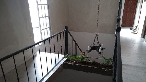 A staircase with a metal railing, a hanging light fixture, and a small garden area with plants and a red flower.
