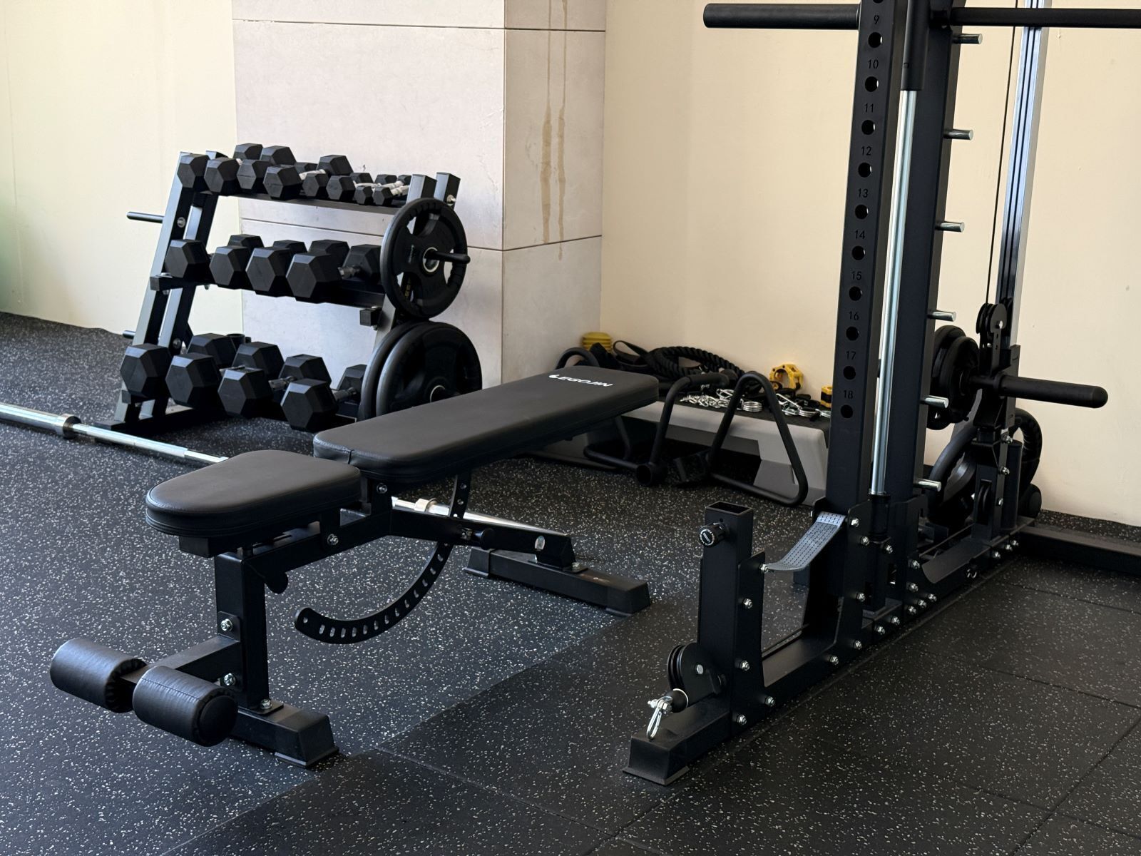 A gym with a bench press, dumbbells, and weight plates.