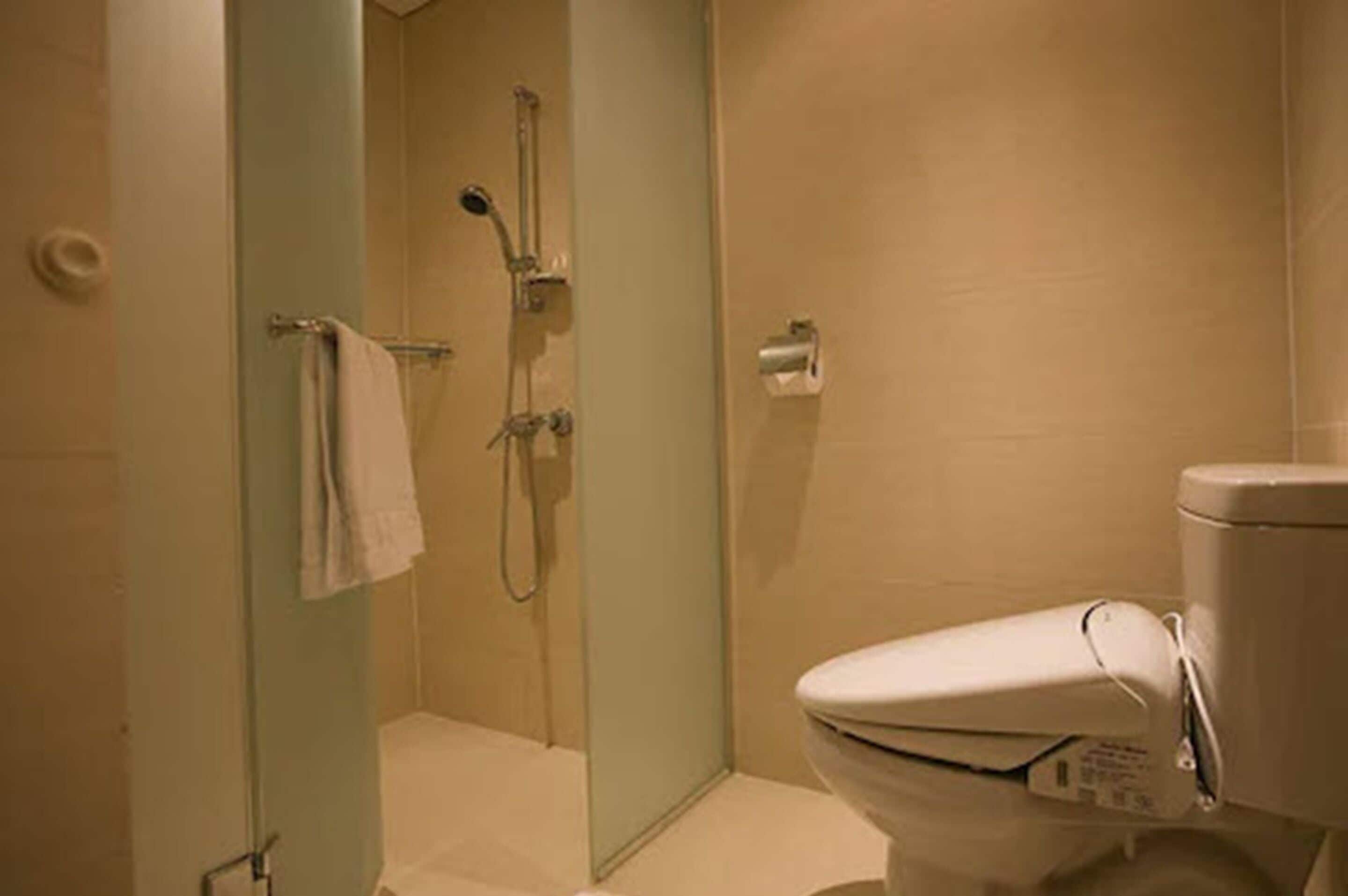 A bathroom with a toilet, a shower, and a glass door.