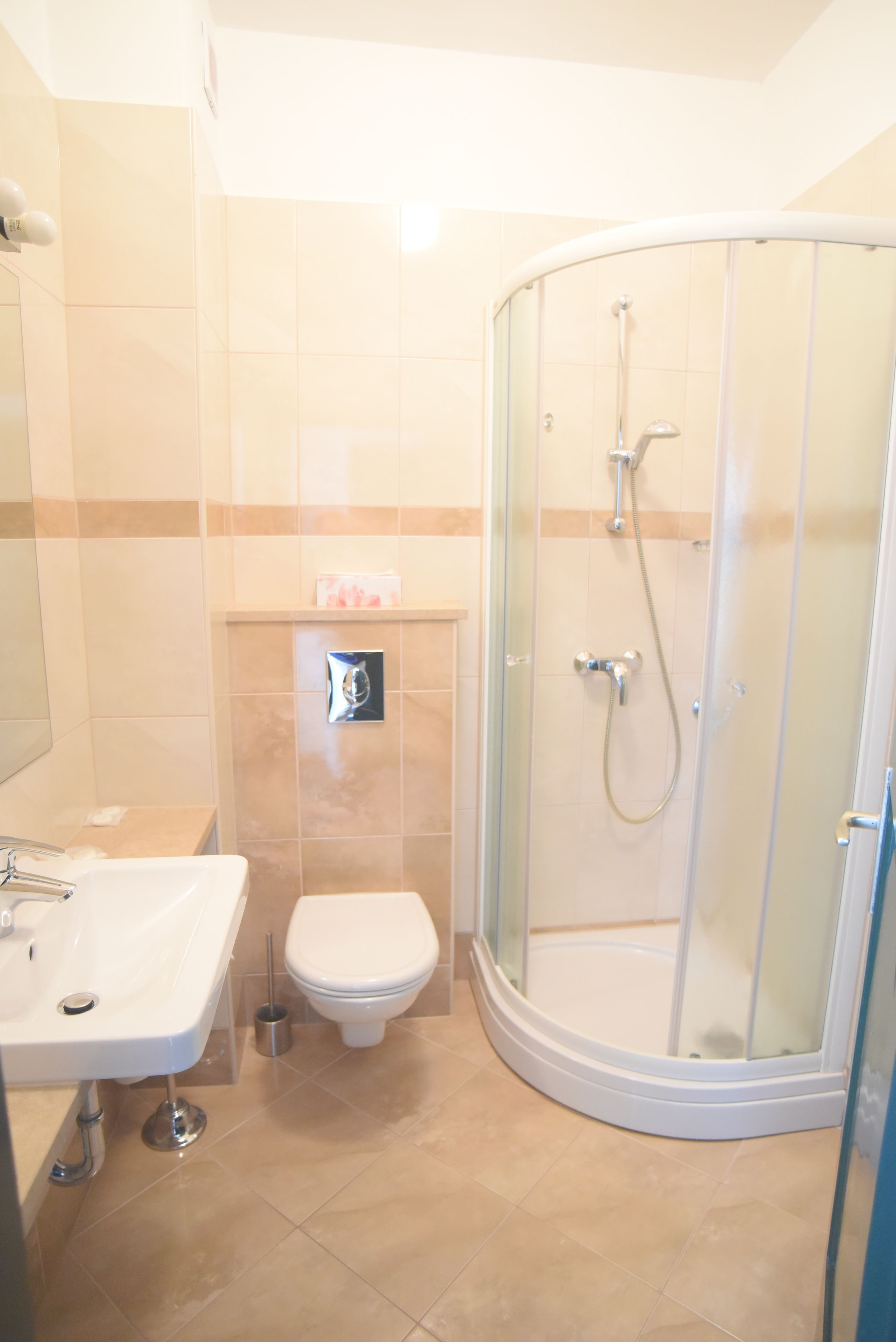 A bathroom with a glass-enclosed shower, a white sink, and a toilet.