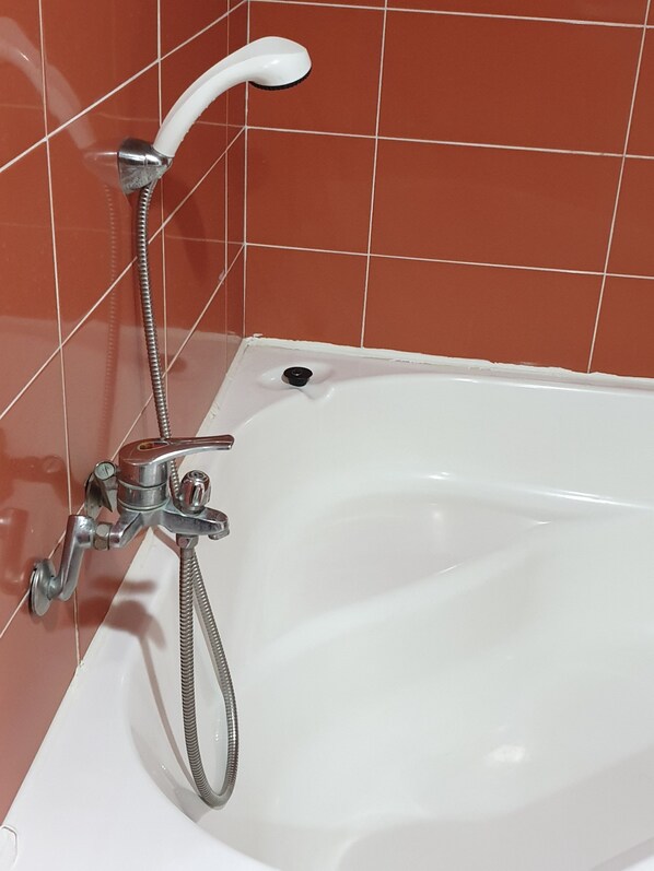 Una bañera blanca con un cabezal de ducha manual y uno fijo, frente a una pared de azulejos.