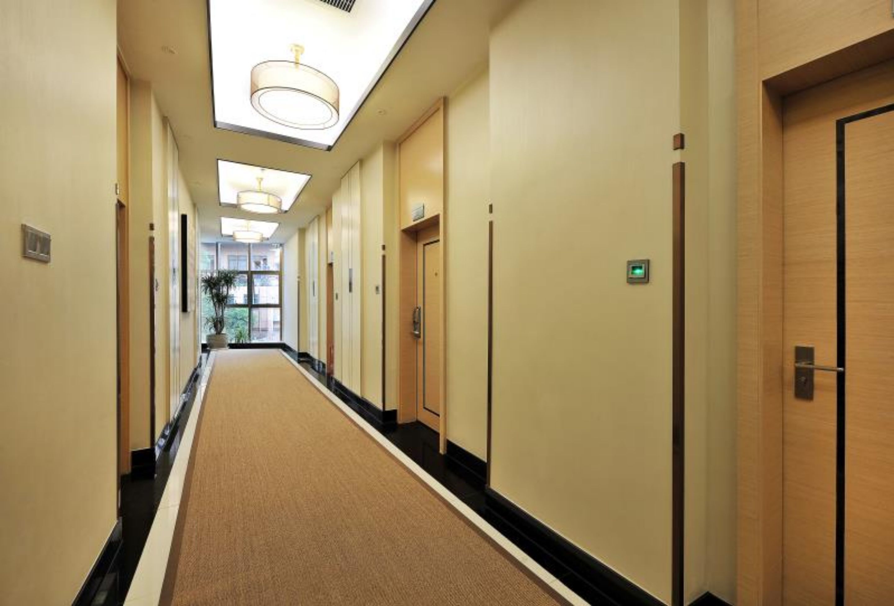 A hotel hallway with carpeted floors, wooden doors, and ceiling lights.