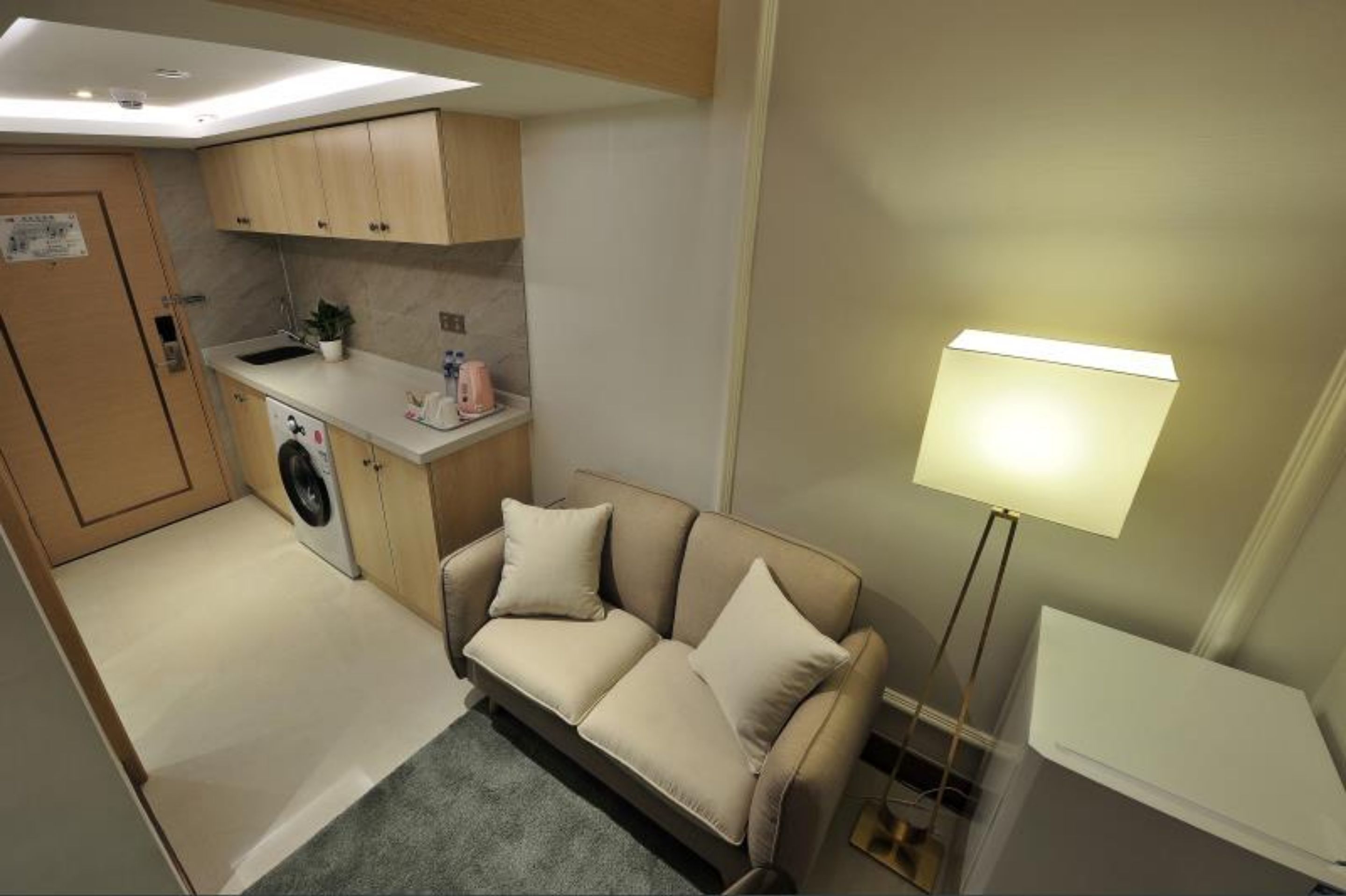 A compact kitchenette with a washing machine, a sofa, and a floor lamp.