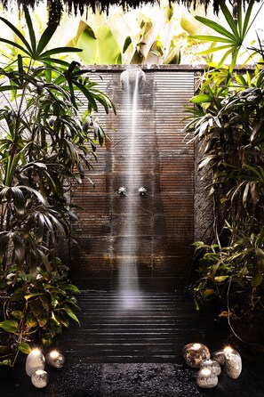 Una cascada con una pared de madera, rodeada de exuberante follaje.
