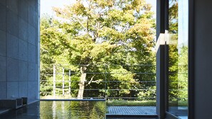 Ein modernes Interieur mit einem großen Fenster mit Blick auf eine von Bäumen gesäumte Außenanlage.