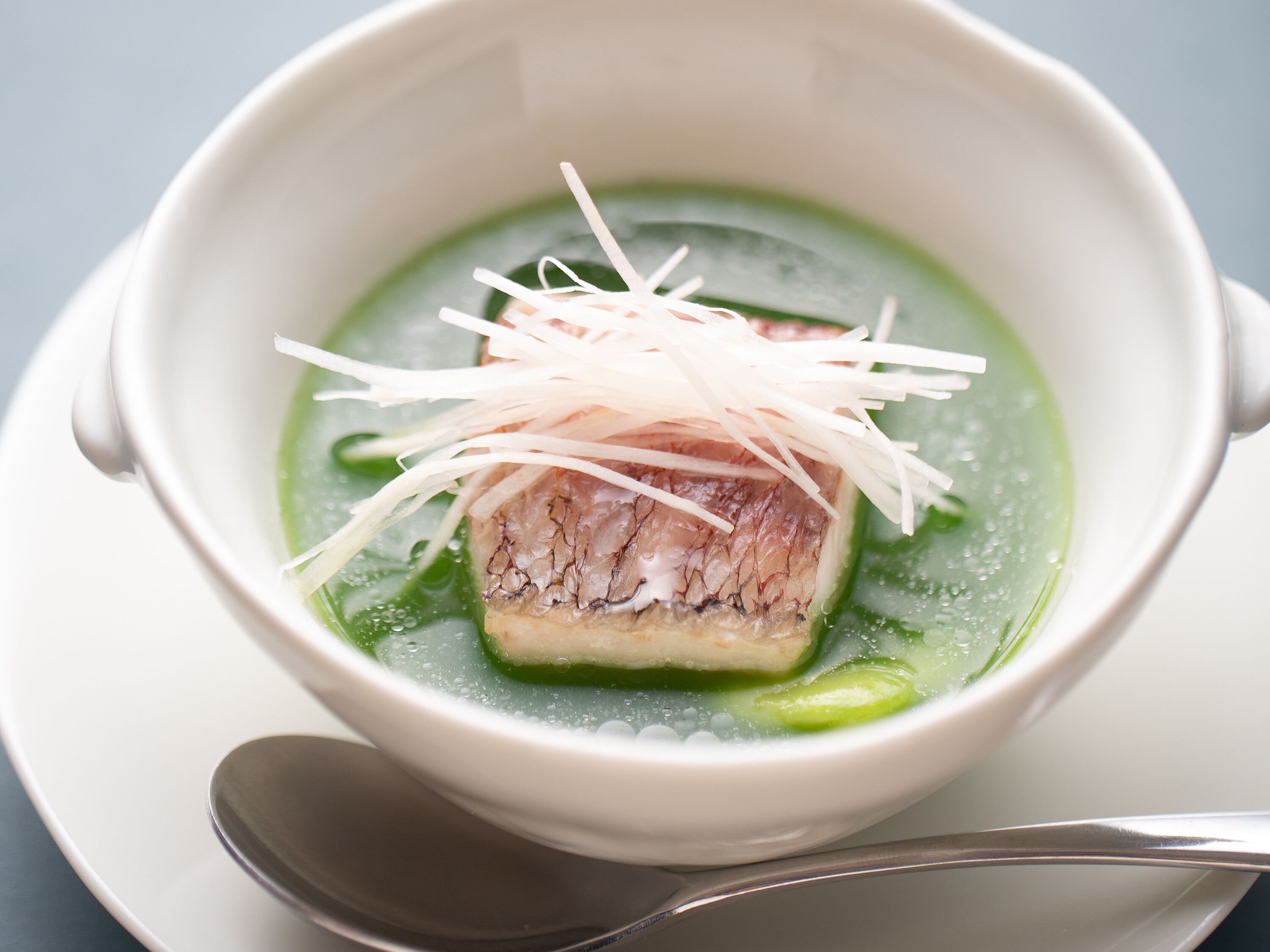 A bowl of soup with a piece of fish and shredded vegetables.