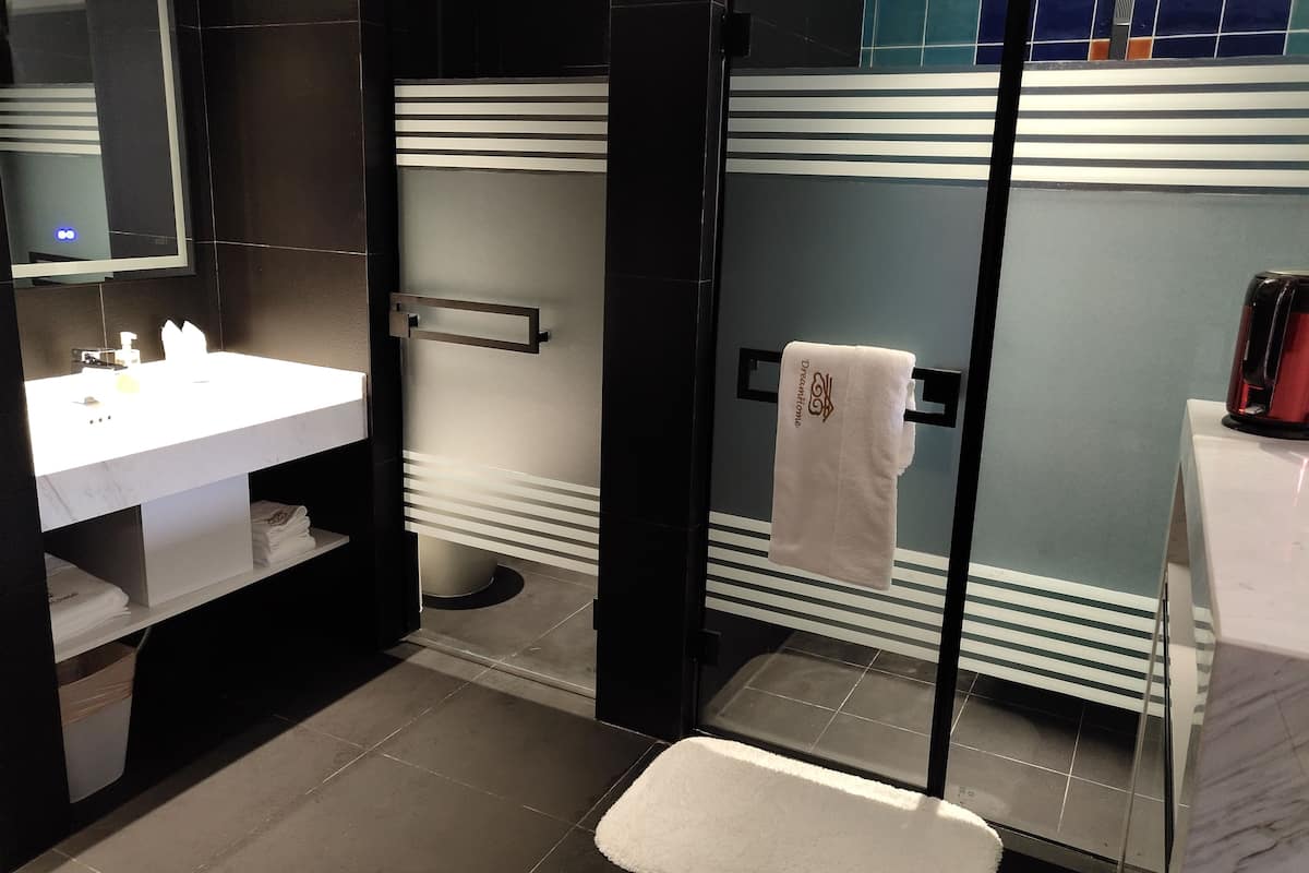 Exclusive Double Room, Courtyard View | Bathroom | Shower, free toiletries, hair dryer, bathrobes