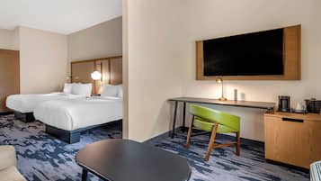 Desk, laptop workspace, blackout curtains, iron/ironing board