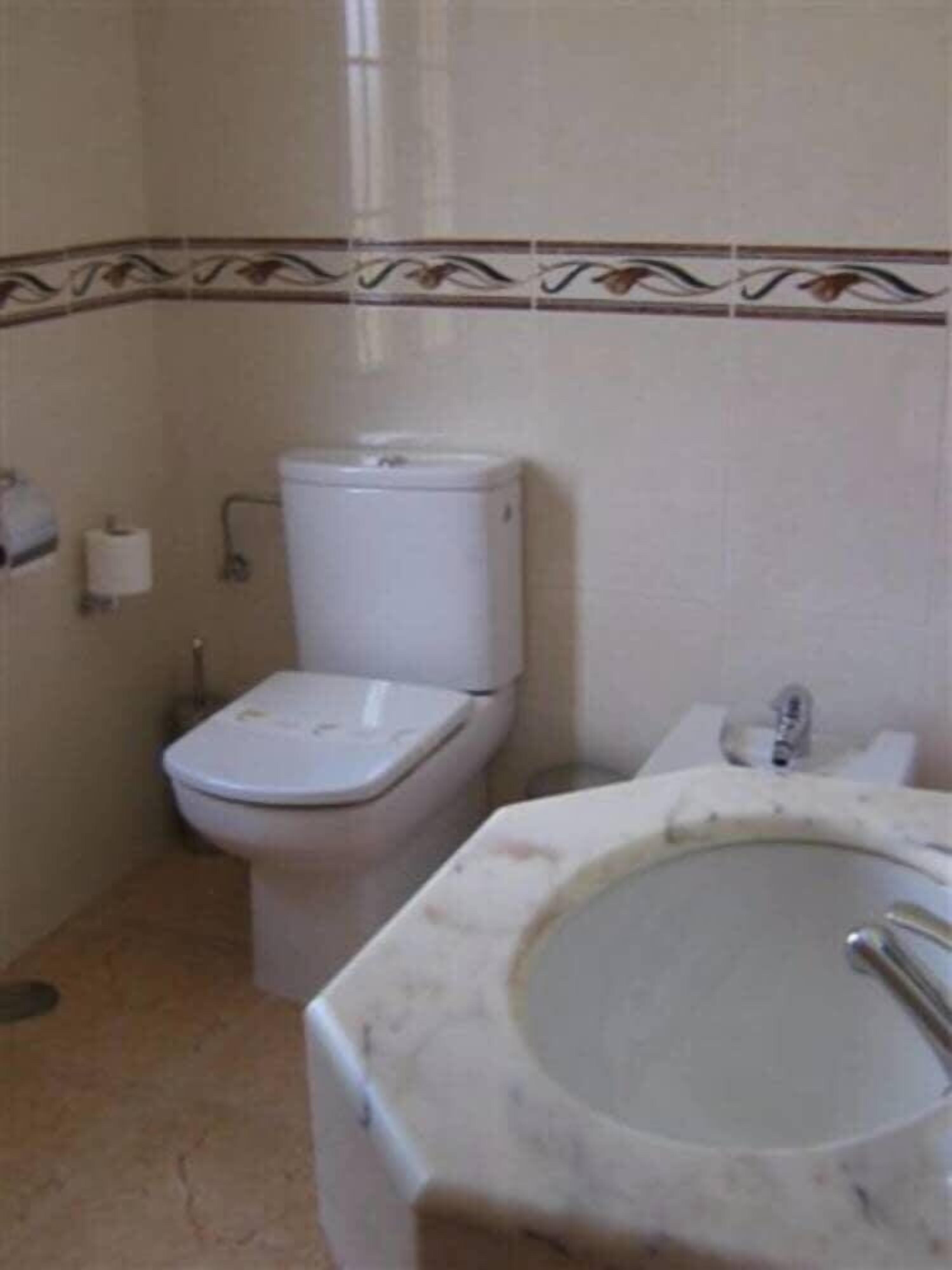 A bathroom with a toilet, sink, and a towel rack.