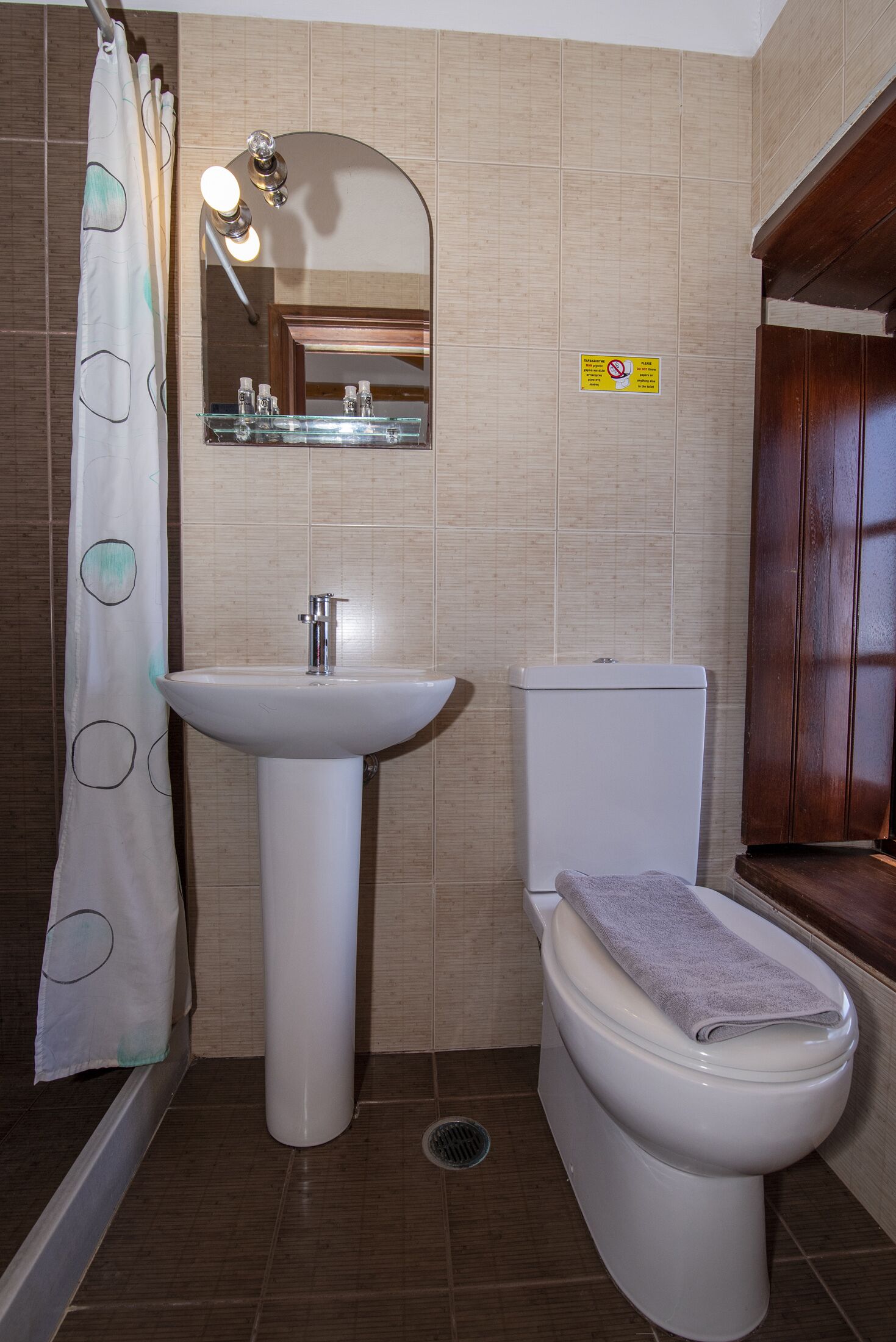 Un baño con lavamanos, inodoro y espejo sobre el lavamanos.