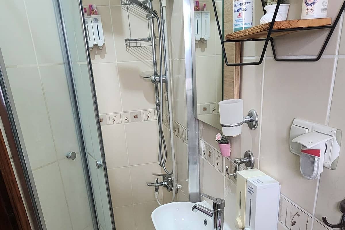 standard room | bathroom | shower, free toiletries, hair dryer, dressing gowns