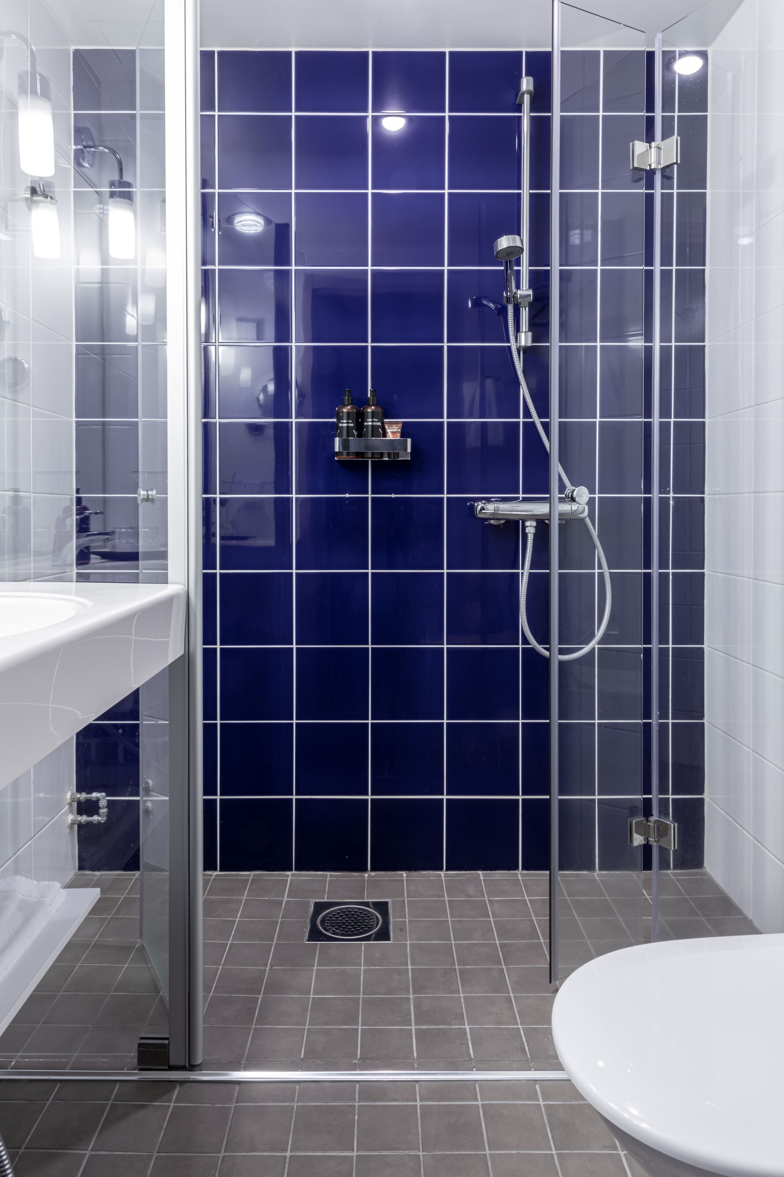 A modern bathroom with a glass-enclosed shower, a white sink, and a toilet.
