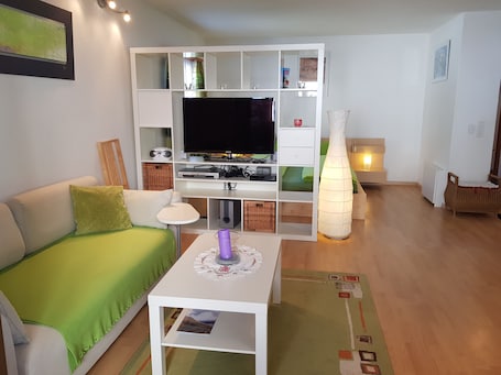 Televisión de pantalla plana, reproductor de DVD, mesa de ping pong