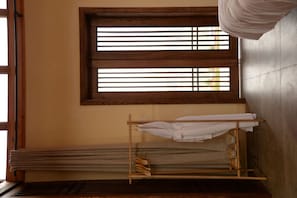 Shower, free toiletries, slippers, towels