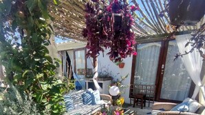 A covered outdoor seating area with a pergola, various plants, and a small table with a glass.