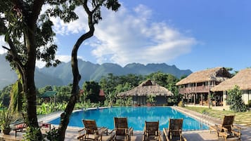 Outdoor pool, pool umbrellas, pool loungers