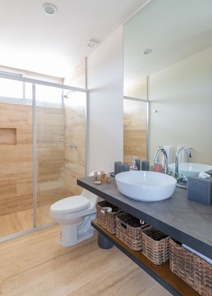 A modern bathroom with a glass shower enclosure, a white toilet, a large sink, and a mirror.