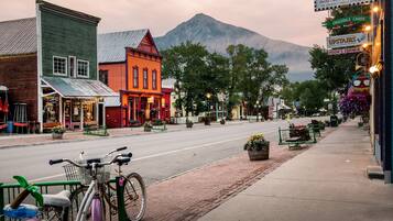 A street view with buildings, a bicycle, and a mountain in the background.