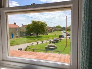 A view through a window of a residential street with houses, a grassy area, and picnic tables.