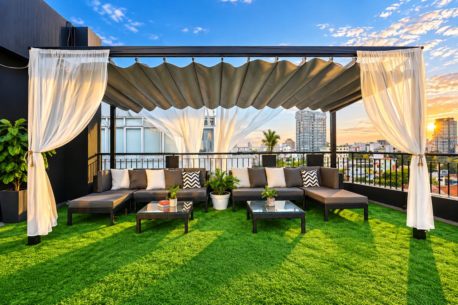 Terraço no telhado com área de estar, grama sintética verde e vista para o horizonte da cidade.