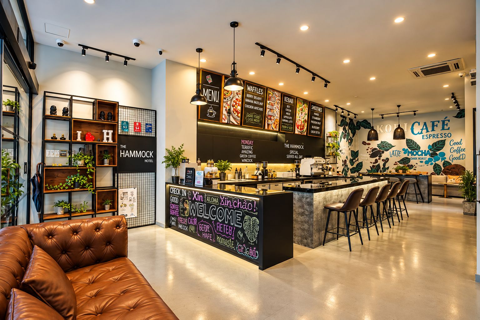 A modern café interior with a bar area, seating, and a visible menu board.