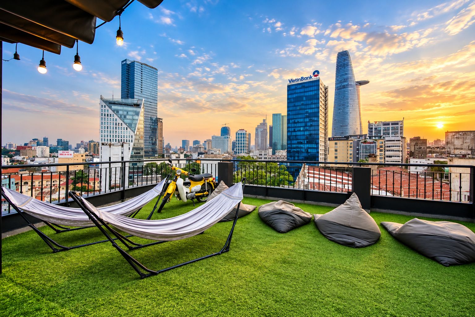 A rooftop terrace with a city skyline, a hammock, and bean bags.