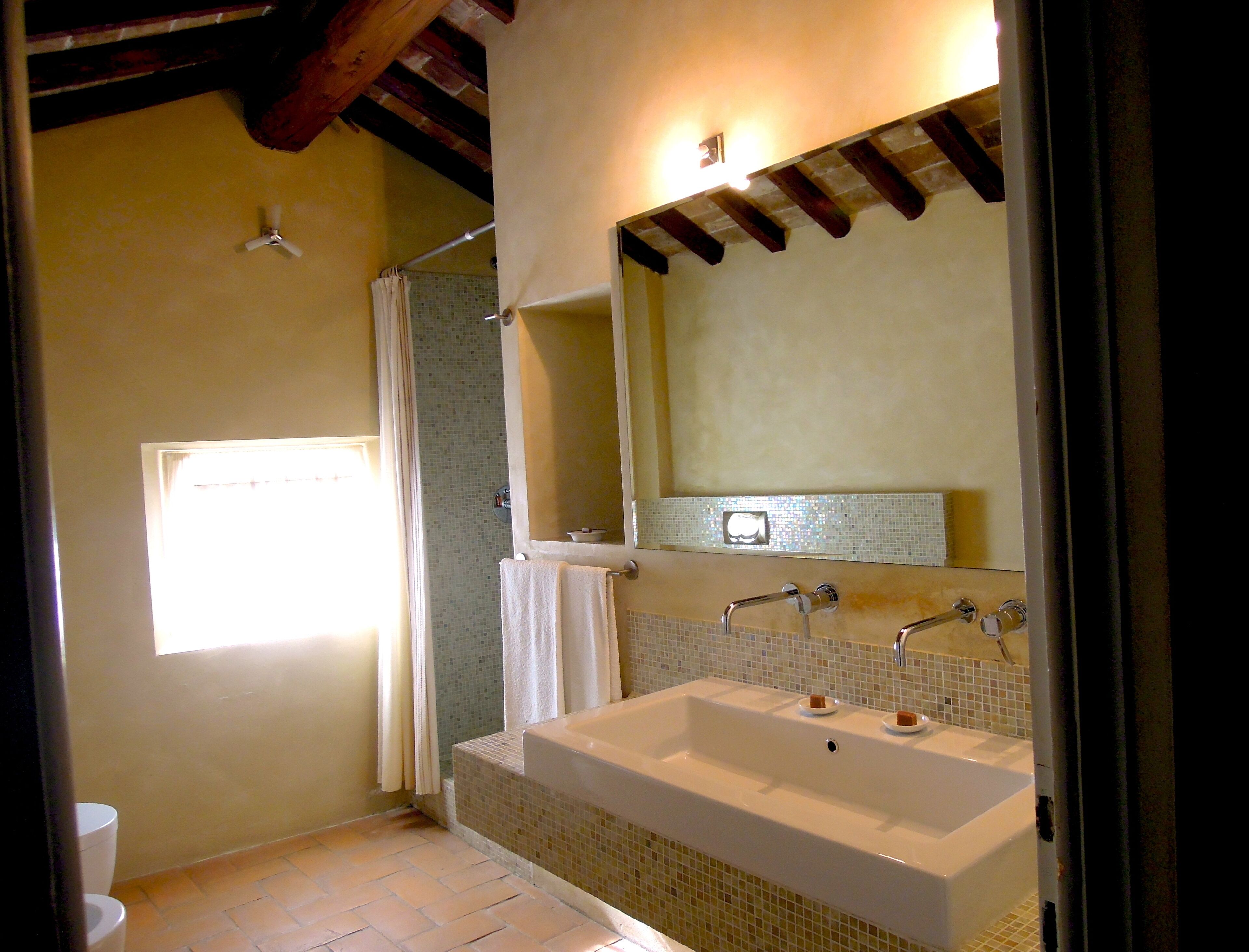 A bathroom with a large white sink, a shower, and a mirror above the sink.