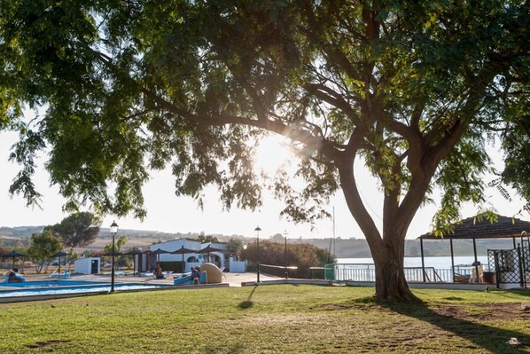 Un parque con piscina, un pabellón y un árbol grande que da sombra.