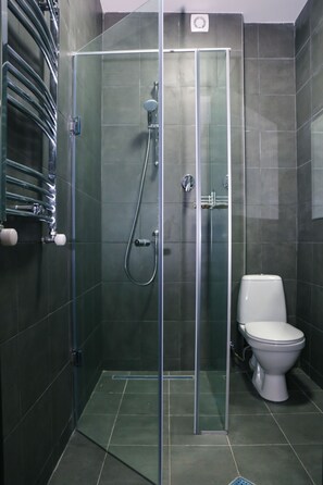 Departamento, 1 cama Queen size y sofá cama | Baño | Regadera, amenidades de baño gratuitas, secadora de cabello, pantuflas 