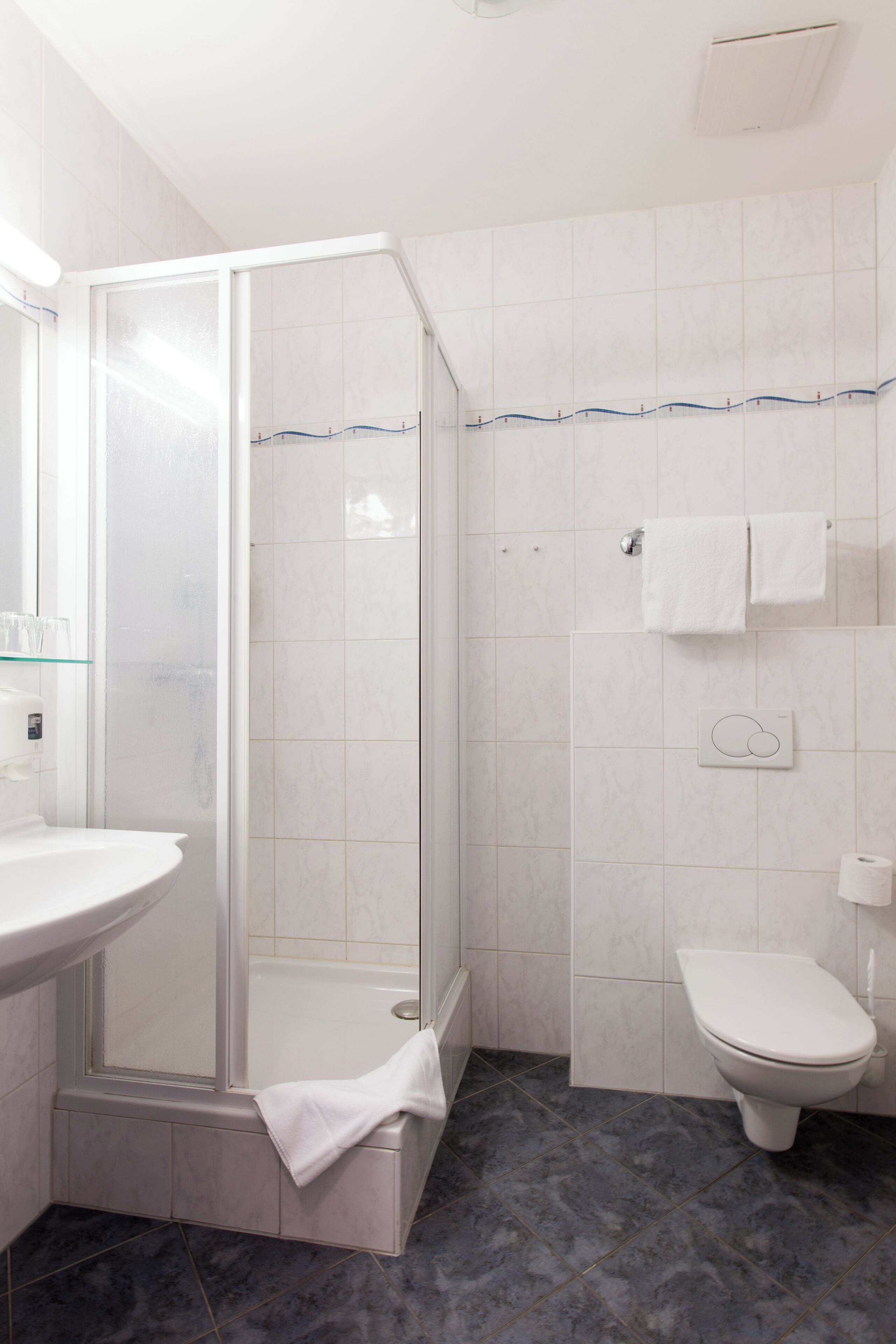 A modern bathroom with a glass-enclosed shower, a white sink, and a toilet.