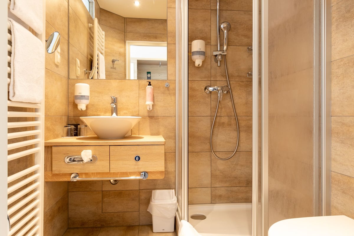 standard double room | bathroom | shower, free toiletries, hair dryer, bathrobes