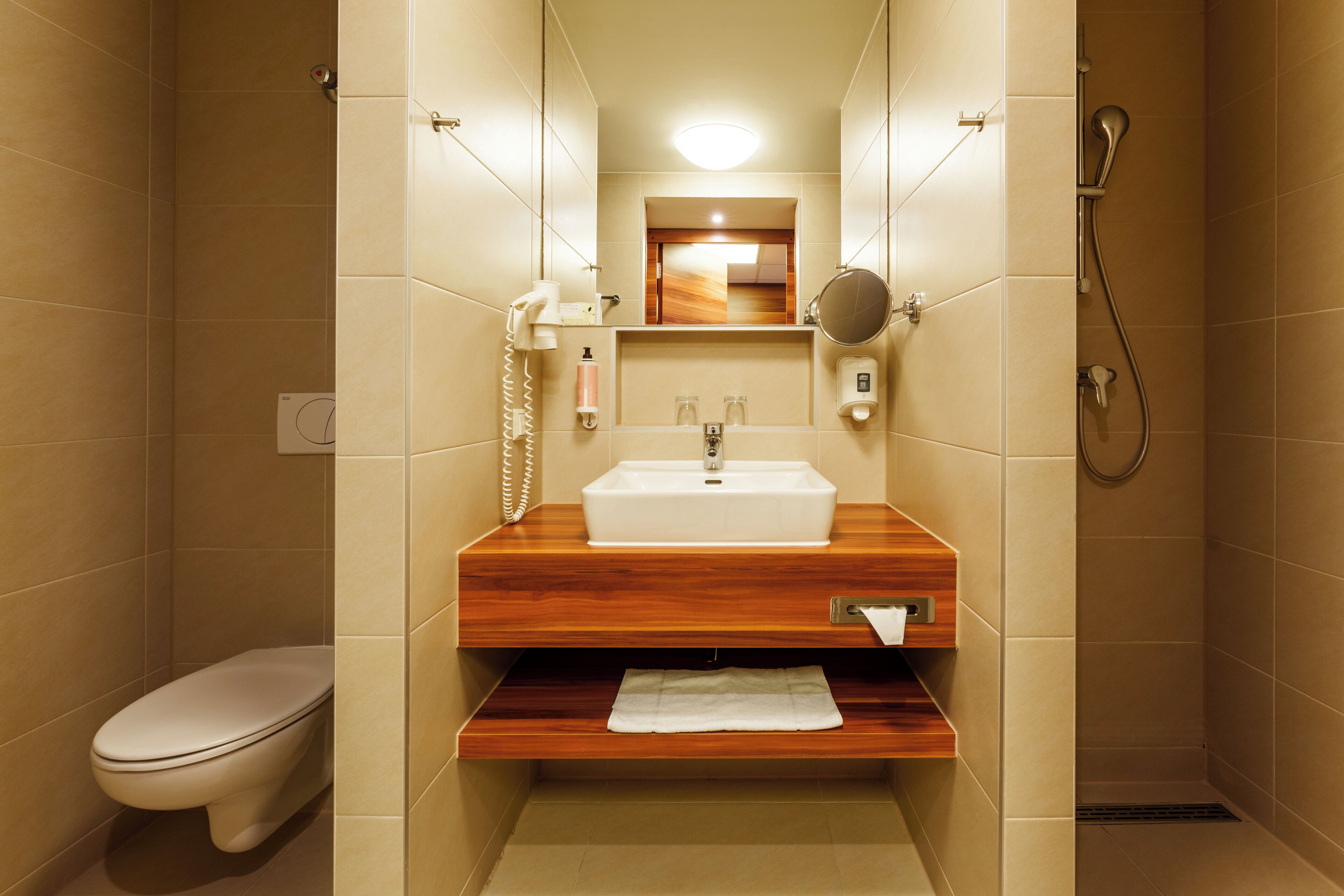 Un baño con inodoro, lavabo, espejo y ducha.