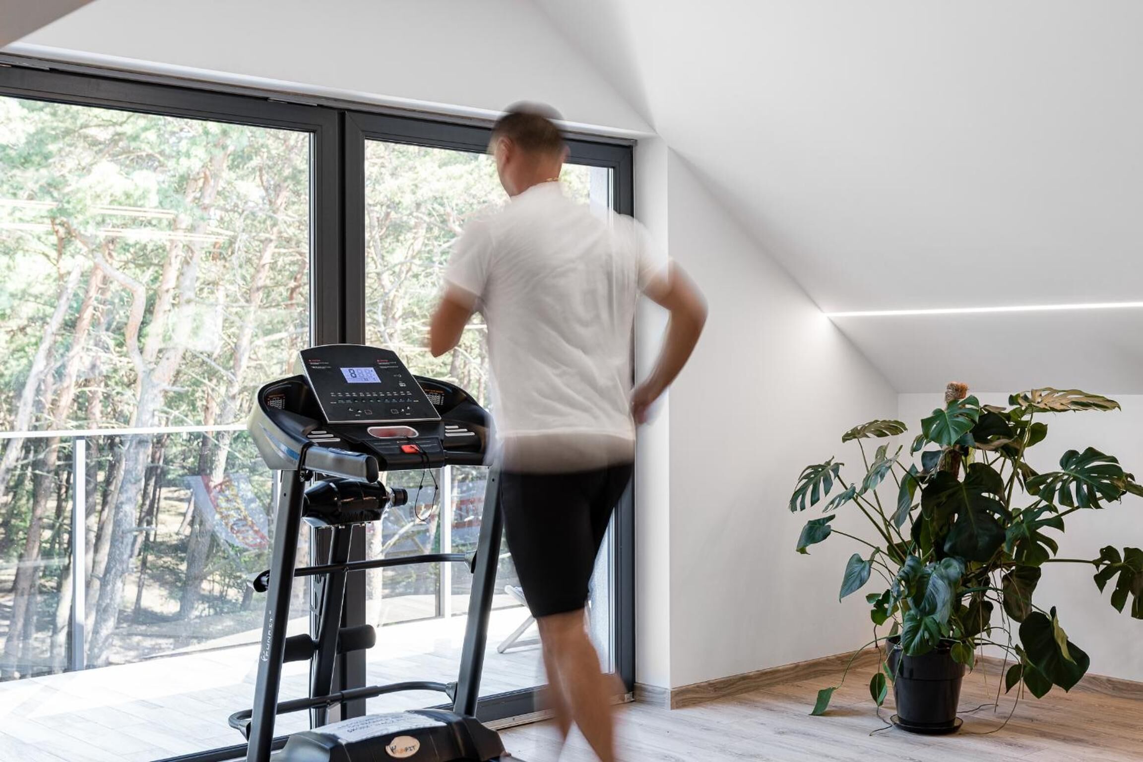A person running on a treadmill in a room with large windows, a potted plant, and a wooden floor.