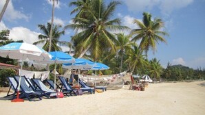 Une plage bordée de rangées de chaises longues et de parasols, de palmiers et d’un rivage sablonneux.