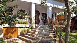 A stone staircase leading to a wooden door, surrounded by potted plants and a stone wall. - Casa Crina (Saliste)