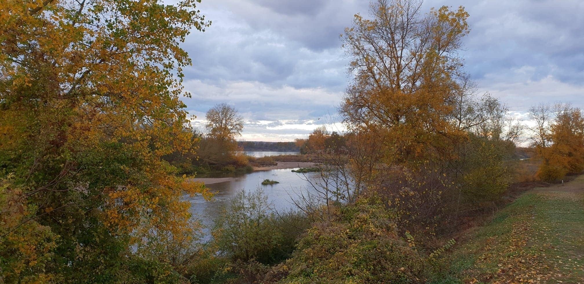 Un río rodeado de árboles con follaje otoñal.