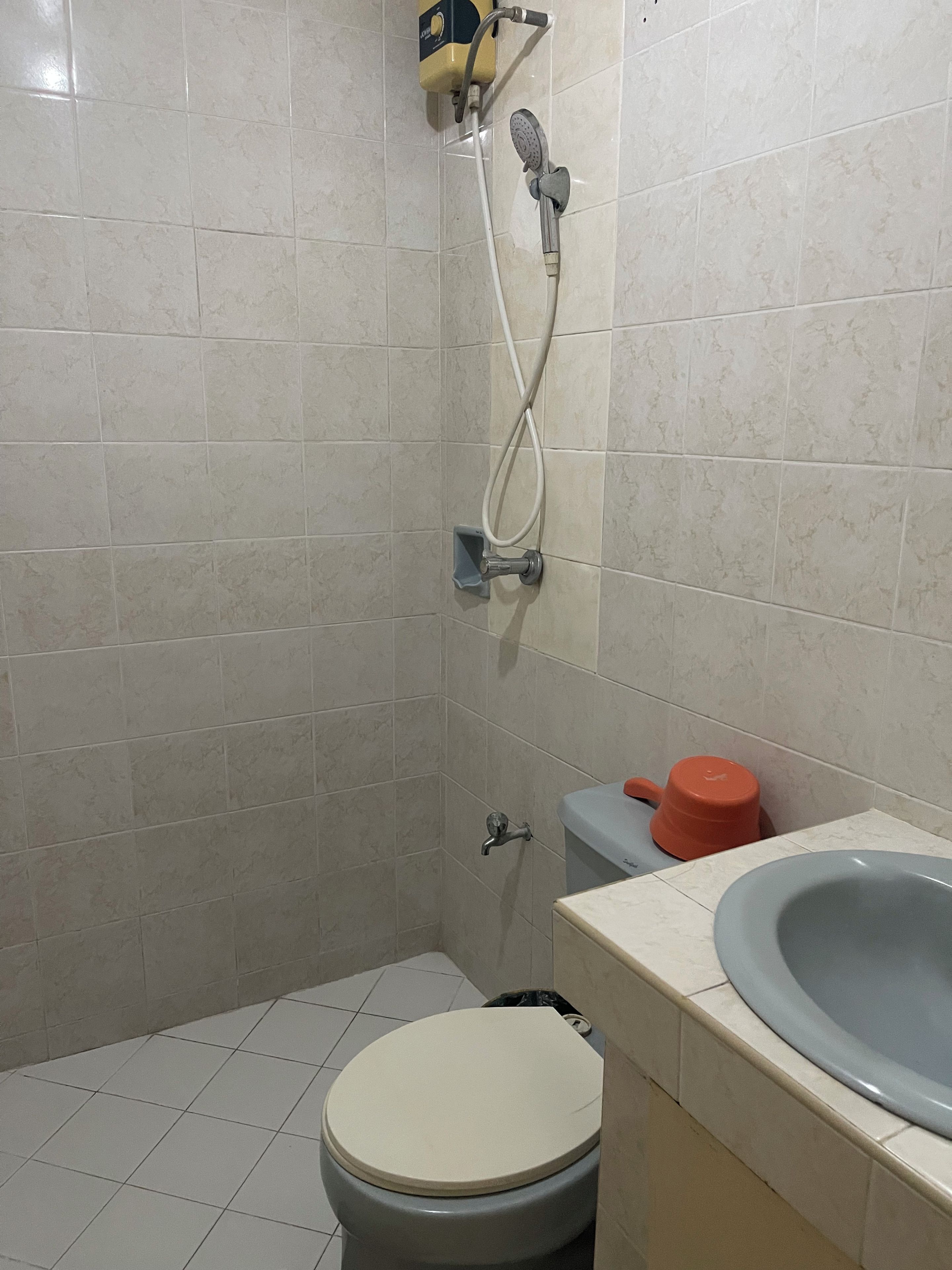 Un baño con inodoro, lavamanos y ducha.